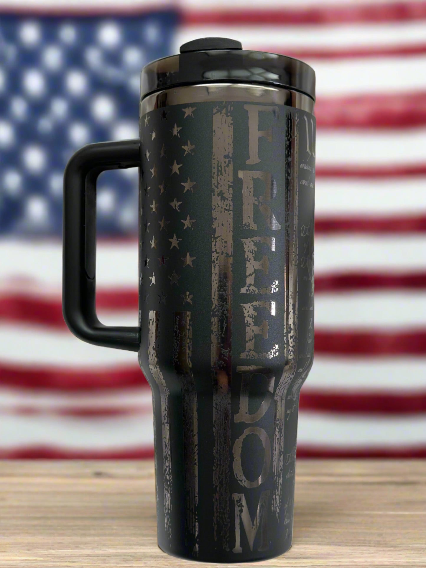 40 oz.Tumbler-Freedom Design engraved on black mirror