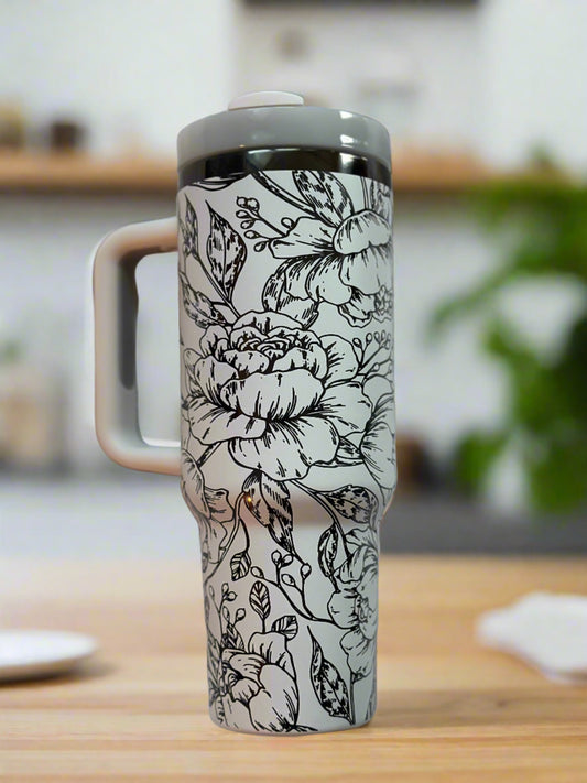 40 oz. Tumbler-Peony Wrap on Black Mirror